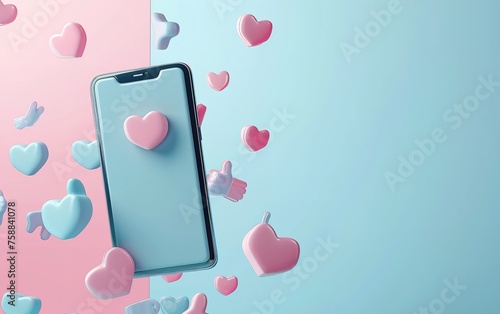 The phone screen displays a blank background with digital magnetism and 3D hearts overlaid on a light green backdrop and space for text, Generative AI.