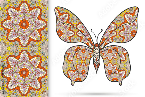 Decorative butterfly and colorful doodle seamless pattern, hand drawn repeating texture. Isolated elements for textile fabric, paper print, invitation or greeting card design. Vector animal collection