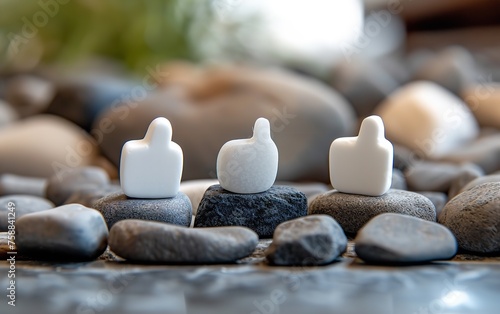 Three thumbs up icons from Instagram placed on some pebbles to resemble miniatures against a hazy background, Generative AI.