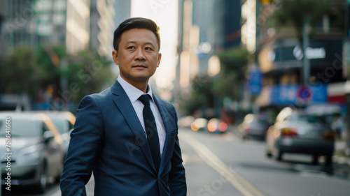 Wallpaper Mural Confident businessman in a blue suit standing on a bustling city street. Torontodigital.ca