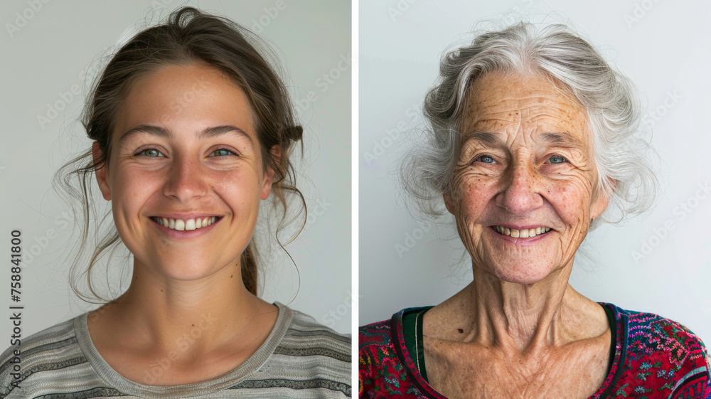 Generational portrait contrasting a youthful woman with an elderly lady, both smiling. Generational portrait contrasting a youthful woman with an elderly lady, both smiling.
