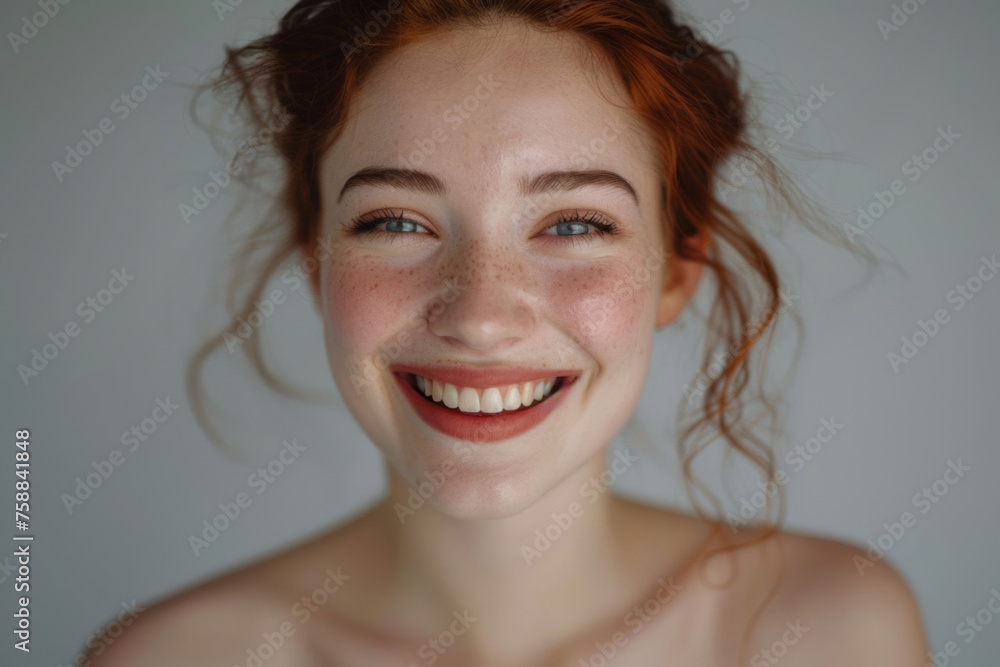 A young woman with prominent freckles and auburn hair tied up casually is beaming with a wide, toothy smile. - obrazy, fototapety, plakaty 