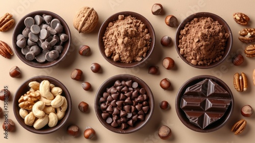 a light beige background adorned with scattered chunks of nuts and chocolate, illuminated by studio lighting to highlight the textures and colors.