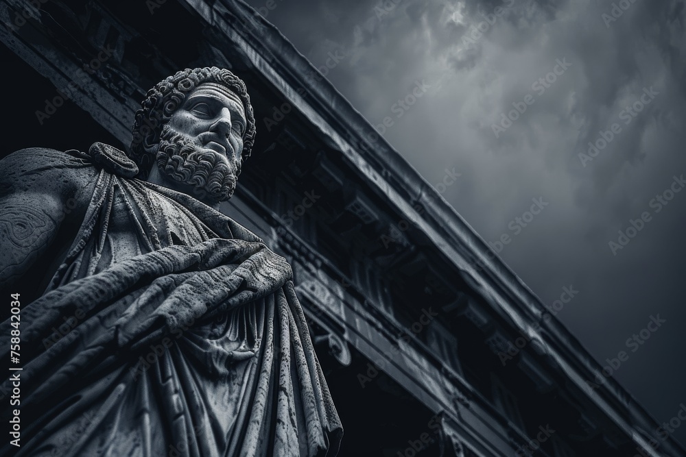 Fototapeta premium Mysterious ancient greek, roman male stoic statue, sculpture in dramatic lighting, shadows highlighting the impressive muscular build and classical beauty. 