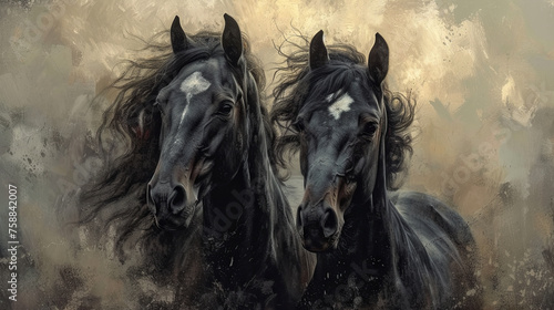 Portrait of two Friesian horses