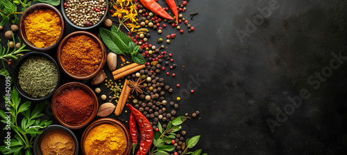 herbs and spices on the dark background