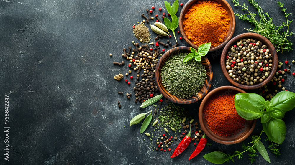 Assorted herbs and spices arranged tastefully against a dark, rich background Assorted herbs and spices arranged tastefully against a dark, rich background