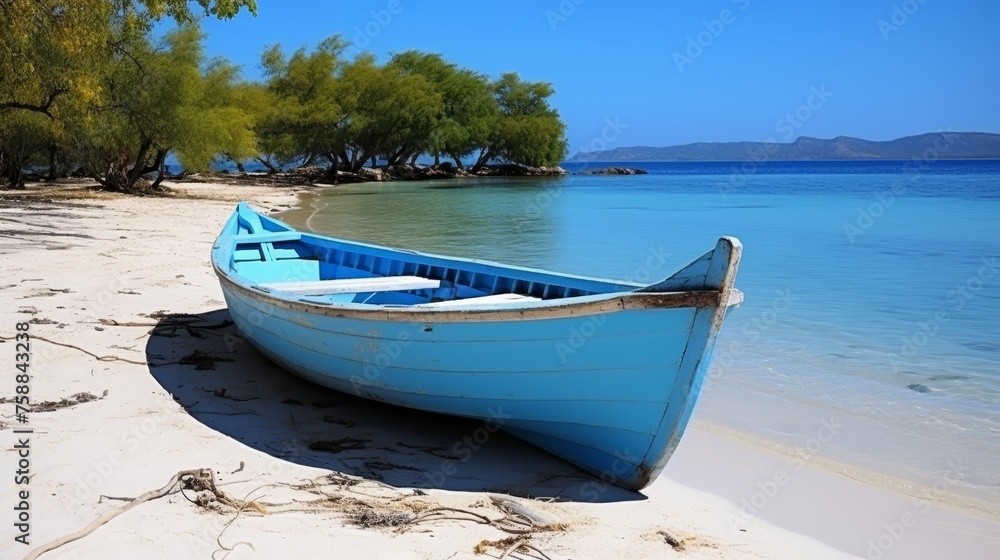 Spectacular paradise beach with vibrant boat, perfect for adding captivating text or captions