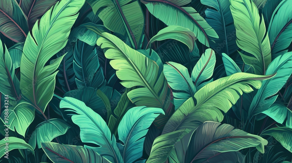 Seamless pattern with tropical banana leaves. Vector illustration in bright colors