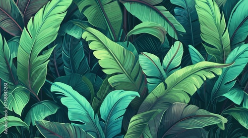 Seamless pattern with tropical banana leaves. Vector illustration in bright colors