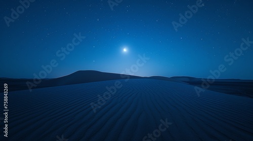 Moonlit desert oasis with crescent moon, twinkling stars, sandy hues in mystical ram s atmosphere.