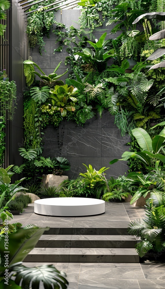 Fototapeta premium White round podium surrounded by lush green foliage in a natural outdoor setting