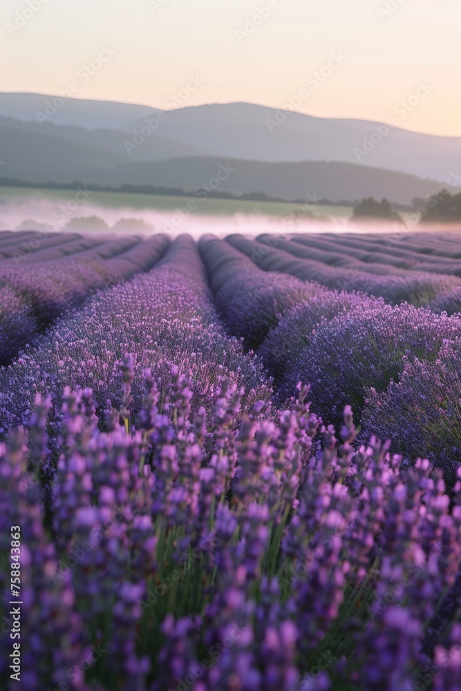 Obraz premium A vast expanse of purple lavender flowers stretches towards a foggy sky, creating a mystical and serene atmosphere