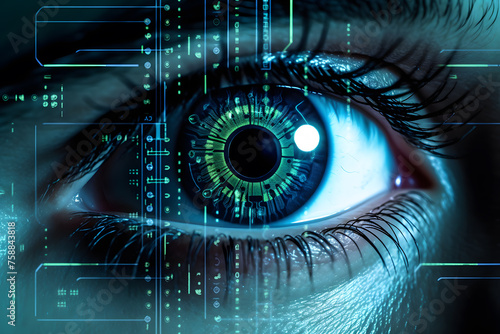 Female eye with overlay of printed circuit board. Concepts of Artificial intelligence development or Microchip implants.