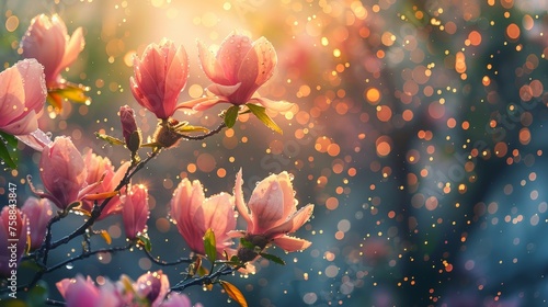 Sunlight filters through magnolia flowers, casting a warm glow and highlighting gentle dewdrops