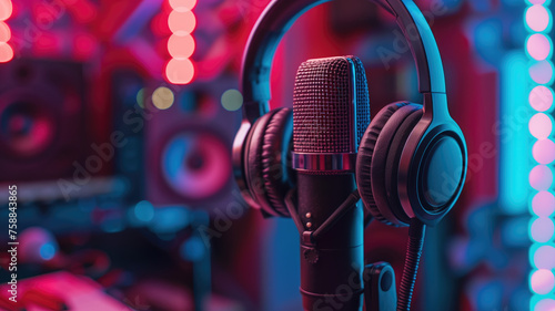 A close-up of a microphone and headphones for podcasting or ASMR sounds on black stand in a neon led lighting, cyan and magenta, in a sound recording studio Generative AI