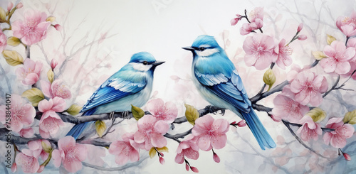 two birds sitting on a branch of a tree with pink flowers and leaves on it, with a white background