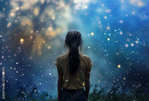 A depressed dishevelled little girl in the rain on a blue bokeh glittery background, back view.