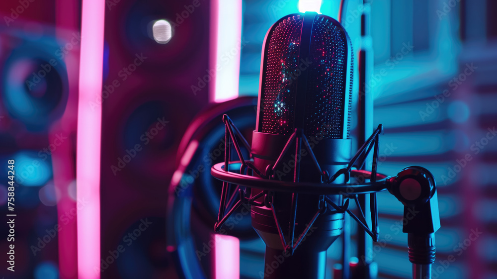 A close-up of a microphone and headphones for podcasting or ASMR sounds on black stand in a neon led lighting, cyan and magenta, in a sound recording studio Generative AI A close-up of a microphone and headphones for podcasting or ASMR sounds on black stand in a neon led lighting, cyan and magenta, in a sound recording studio Generative AI