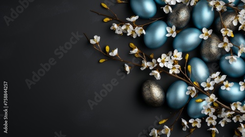 Colorful easter holiday celebration background with eggs, flowers, and decorations