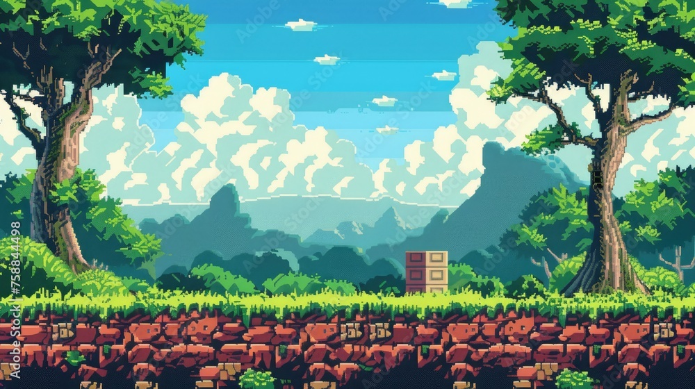 Pixel art forest landscape with lush trees and floating blocks. Retro ...