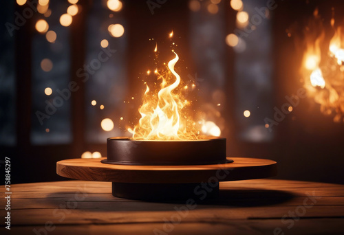 Product template surrounded bright presentation sparks Round art podium flame fire wooden poduim dais fire flames abstract minimalistic spark burning burn pedestal glowing merchandise wooden wood