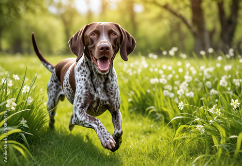 A dog german shorthaired pointer with a happy face runs through the colorful lush spring green grass photo