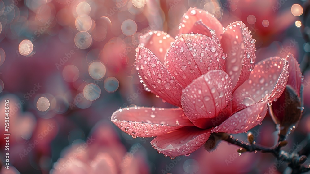 A single magnolia flower dusted with dew drops stands out against a softly blurred springtime backdrop A single magnolia flower dusted with dew drops stands out against a softly blurred springtime backdrop