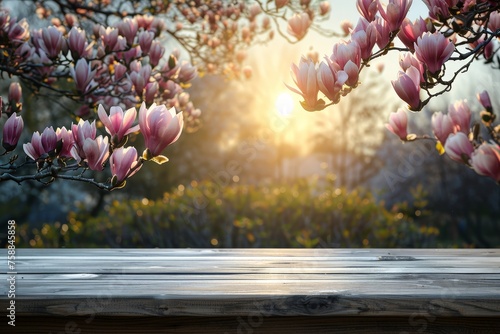 Sunset peeks through blooming magnolia branches over a serene wooden deck in the park