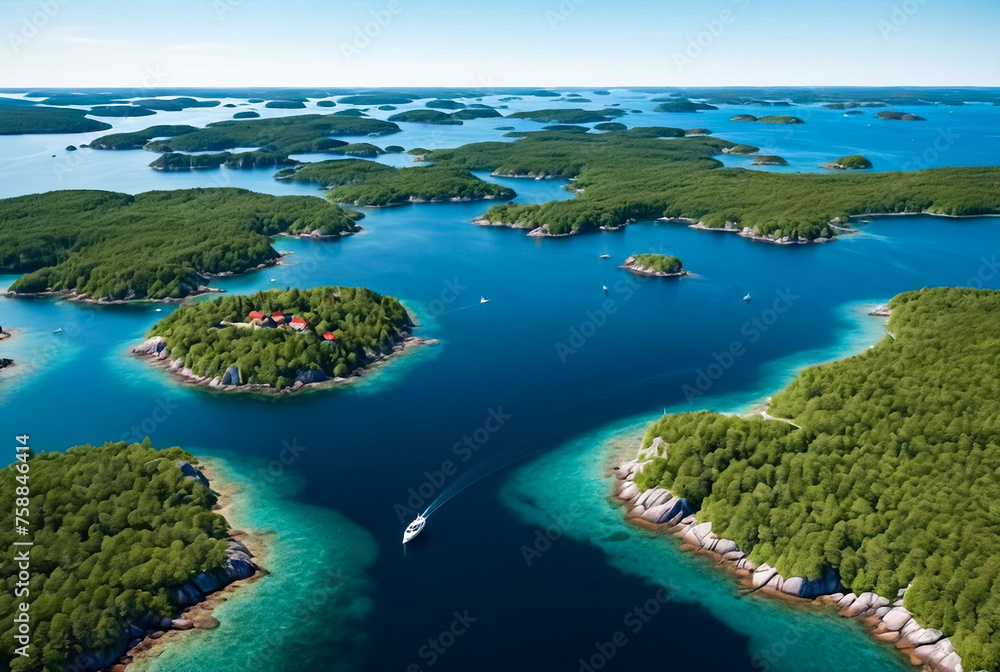 Aerial landscape of archipelago of islands with buildings and houses in Baltic Sea near city of Stockholm with blue sky. Background of amazing natural scenery view of Scandinavian nature. Copy space