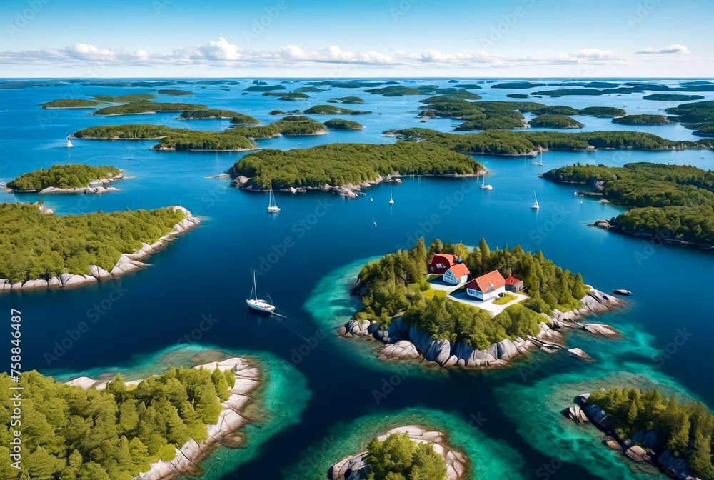 Aerial landscape of archipelago of islands with buildings and houses in Baltic Sea near city of Stockholm with blue sky. Background of amazing natural scenery view of Scandinavian nature. Copy space - obrazy, fototapety, plakaty 