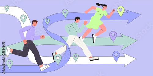 Office workers or clerks race or sprint. Business competition or rivalry between male and female employees or colleagues. Vector illustration. Man and woman run with laptops to their career goals.