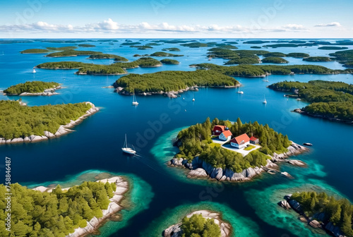 Aerial landscape of archipelago of islands with buildings and houses in Baltic Sea near city of Stockholm with blue sky. Background of amazing natural scenery view of Scandinavian nature. Copy space photo