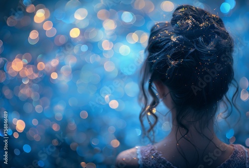 A depressed dishevelled little girl in the rain on a blue bokeh glittery background, back view. photo
