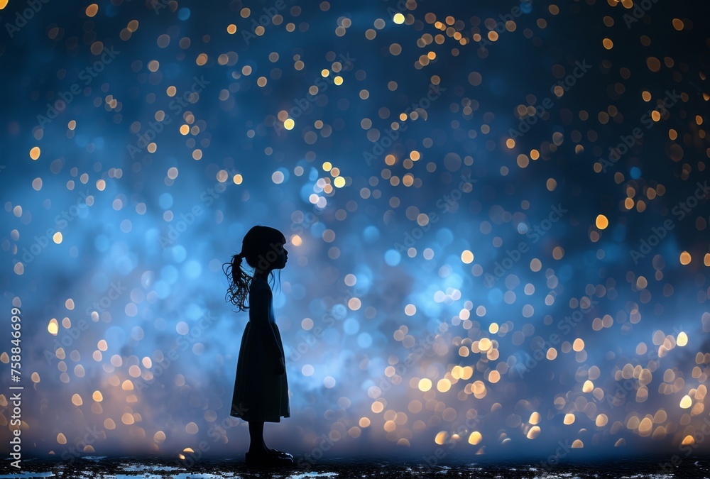 A depressed dishevelled little girl in the rain on a blue bokeh glittery background, back view. - obrazy, fototapety, plakaty 
