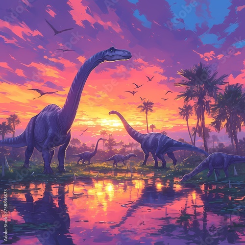 Enthralling Dilophosaurus Gathering at a Vivid Fuchsia Lake - A Unique Stock Image for Creatives