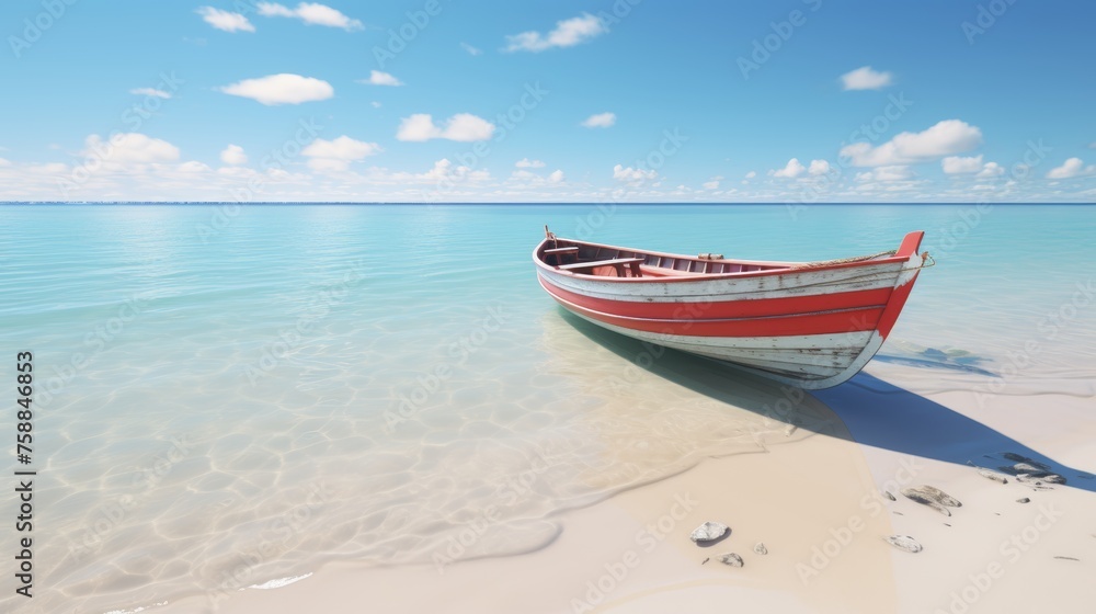 Tranquil paradise beach with palm trees and boat copy space for vacation or travel concepts