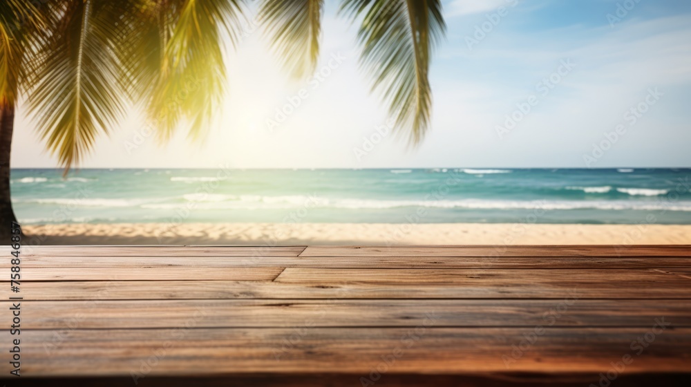 Wooden surface on background of the sea, beach and palm trees, blurred background Wooden surface on background of the sea, beach and palm trees, blurred background
