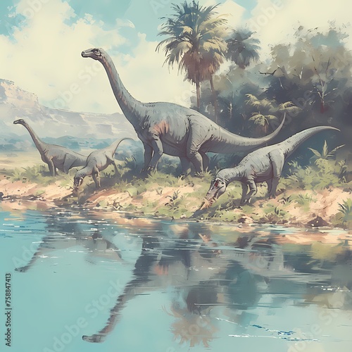 Captivating Stock Image of Iguanodon Foraging Along a Serene Riverbank - Perfect for Wildlife and Nature Projects © RobertGabriel