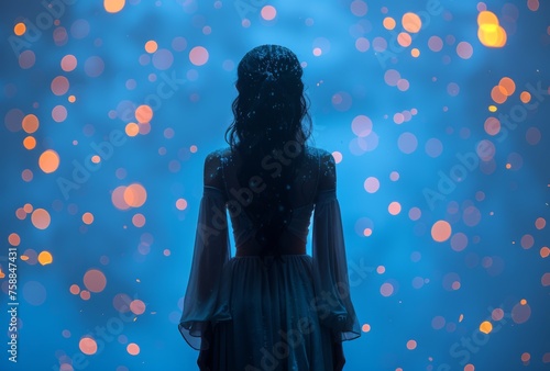 A depressed dishevelled little girl in the rain on a blue bokeh glittery background, back view. photo