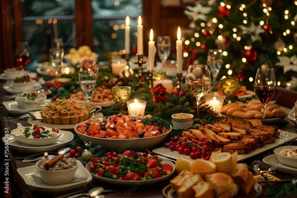 A beautifully set table adorned with plates of delicious food stands next to a sparkling Christmas tree, creating a warm and inviting holiday atmosphere