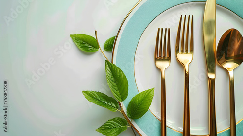 Golden cutlery arranged neatly on a white plate with a blue rim  adorned with green leaves. Space for text  Generative AI