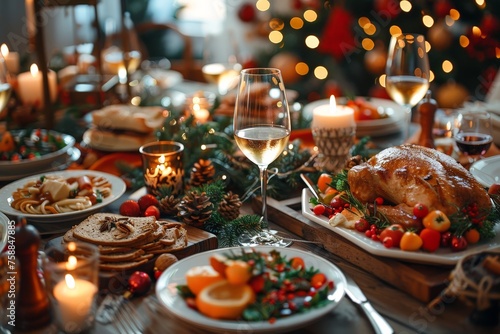 A table laden with Christmas delicacies, including a golden roasted turkey, surrounded by candles and festive decor