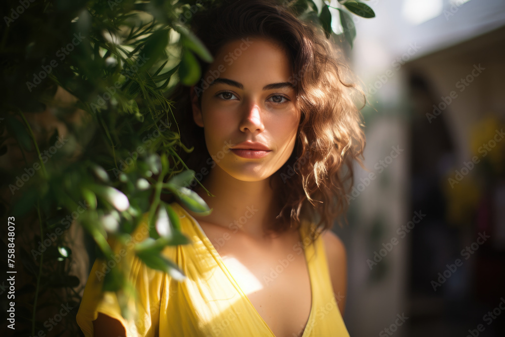 A woman in a yellow dress is standing in front of a green bush. She is looking at the camera A woman in a yellow dress is standing in front of a green bush. She is looking at the camera