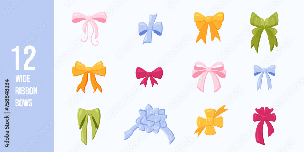 Various hand drawn bow knots. Set of wide ribbon bows for presents, gifts, decoration. Flat cartoon vector illustration. Various hand drawn bow knots. Set of wide ribbon bows for presents, gifts, decoration. Flat cartoon vector illustration.