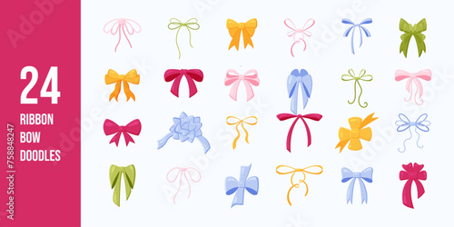 Set of hand drawn ribbon bow knots. Decoration elements. Various doodle bows for presents, gift boxes, traditional holidays. Flat cartoon vector illustration.	