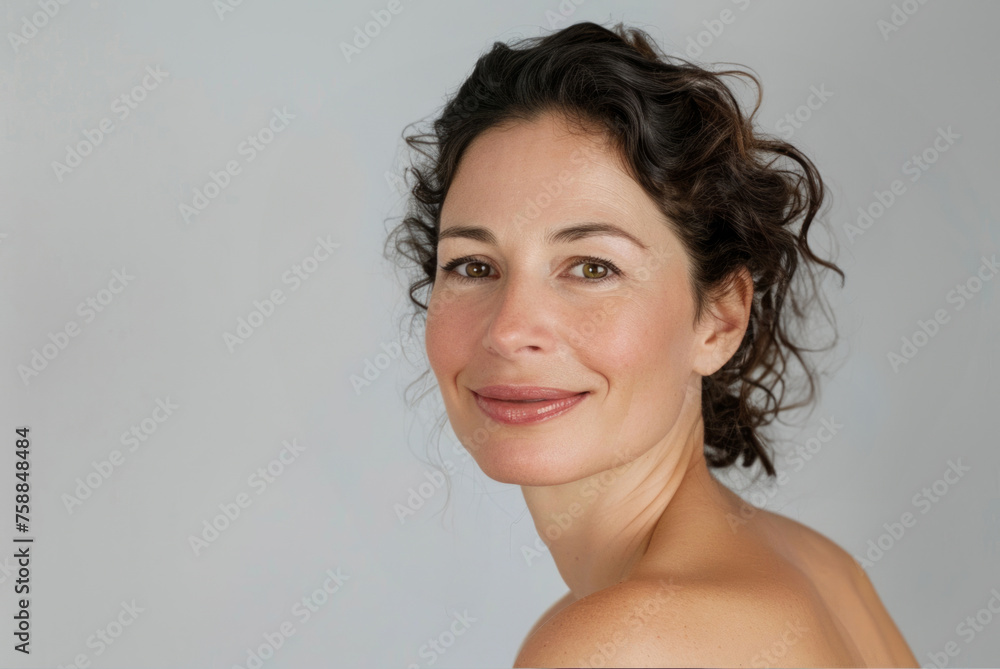 A woman with dark curly hair and a bare shoulder smiles gently towards the camera, radiating warmth and confidence. A woman with dark curly hair and a bare shoulder smiles gently towards the camera, radiating warmth and confidence.