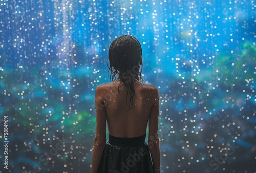 A depressed dishevelled little girl in the rain on a blue bokeh glittery background, back view.