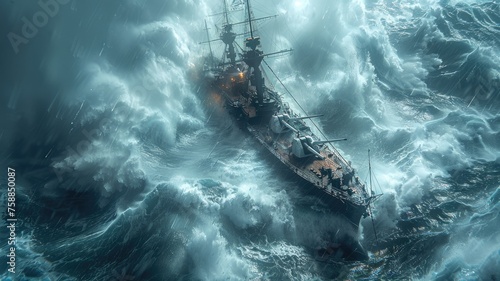 a warship navigating through rough waves and crashing waters, depicted in a wide-screen format with a dominant blue tone.