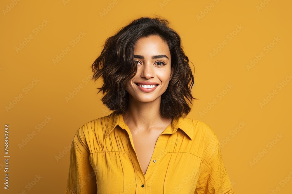 Portrait of happy smiling young woman in yellow shirt, over yellow background Portrait of happy smiling young woman in yellow shirt, over yellow background